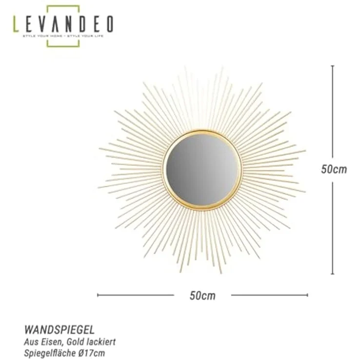 Levandeo® Dekospiegel, Sonnenspiegel Gold Ø 50cm Metall Deko Goldene Sonne Spiegel – Bild 2