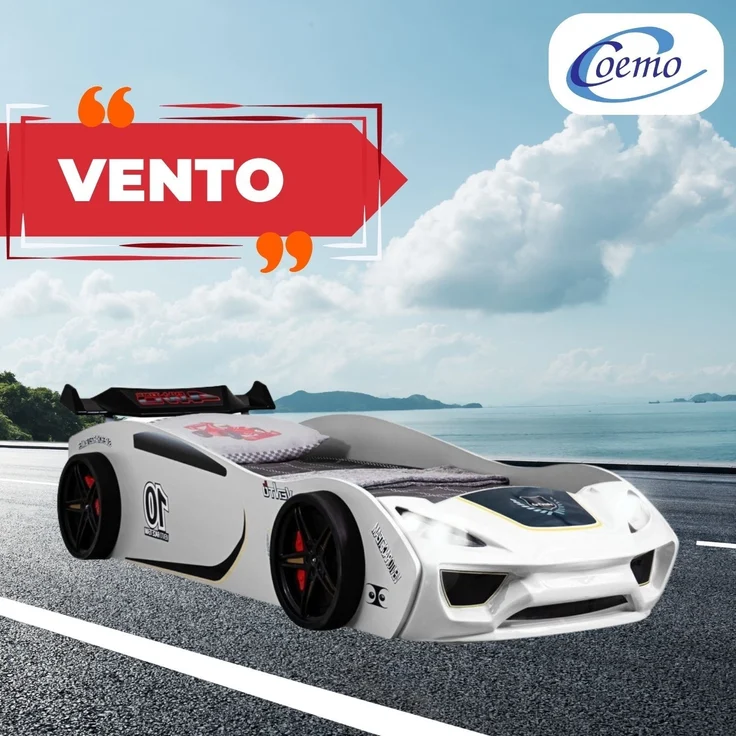 Autobett VENTO Kinderbett 90x200 cm Rennwagen-Bett inkl Lattenrost, Spoiler, LED-Licht, Farbe Weiß – Bild 2