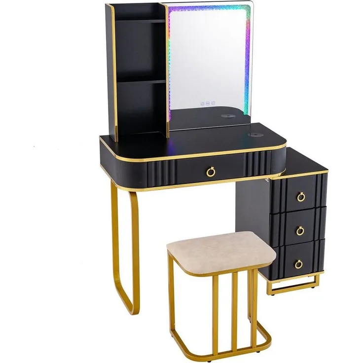 COSTWAY Schminktisch, mit 14 dimmbaren LED-Leuchten, USB-Anschluss, Hocker