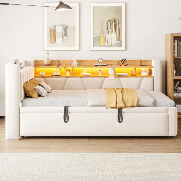 Ausziehbett mit Samtbezug, USB-Anschluss & LED, 90x200 cm, Beige, ohne Matratze – Bild 3