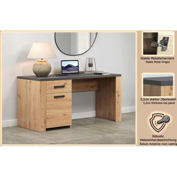 trendteam smart living - Follow - Schreibtisch - Eiche/Anthrazit - Computertisch mit 2 Fächern - (BxHxT) 145 x 76 x 70 cm - Vollauszug Schublade – Bild 14