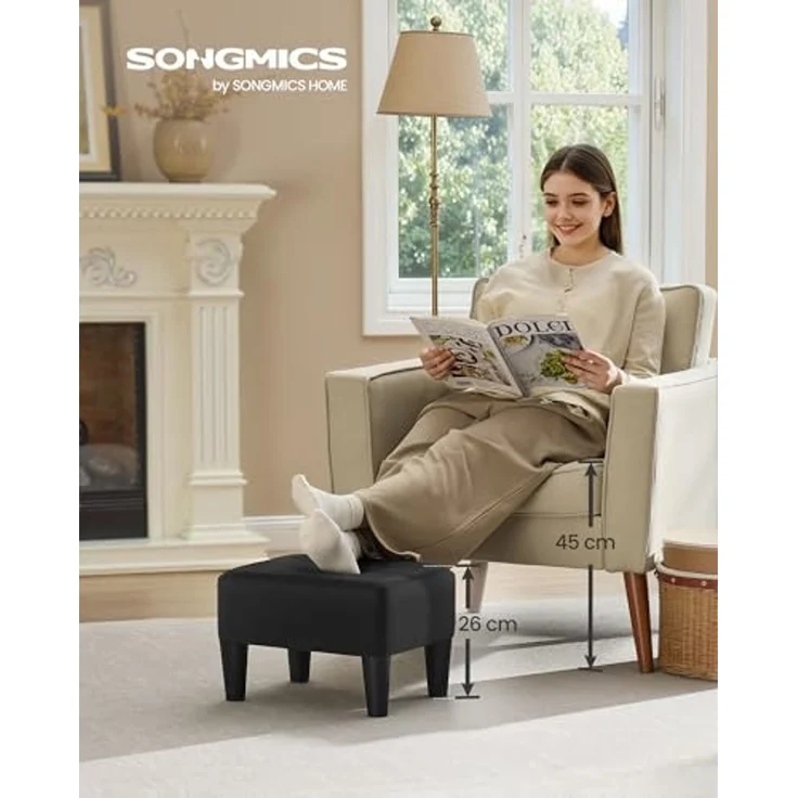 SONGMICS Sitzhocker, Fußhocker, Leinenimitat, Hocker, Dicke Polsterung, bis 150 kg belastbar, für Wohnzimmer Schlafzimmer Eingangsbereich, tintenschwarz – Bild 2