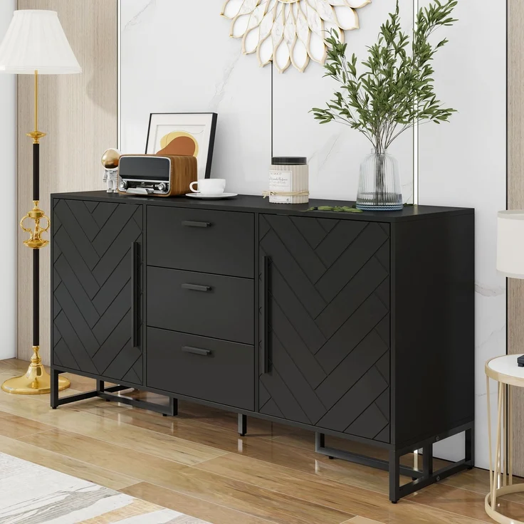Merax Kommode, Schwarzes elegantes Sideboard mit Fischgrätenmuster, mit 2 Türen und 3 Schubladen für Esszimmer, Küche und Wohnzimmer – Bild 2