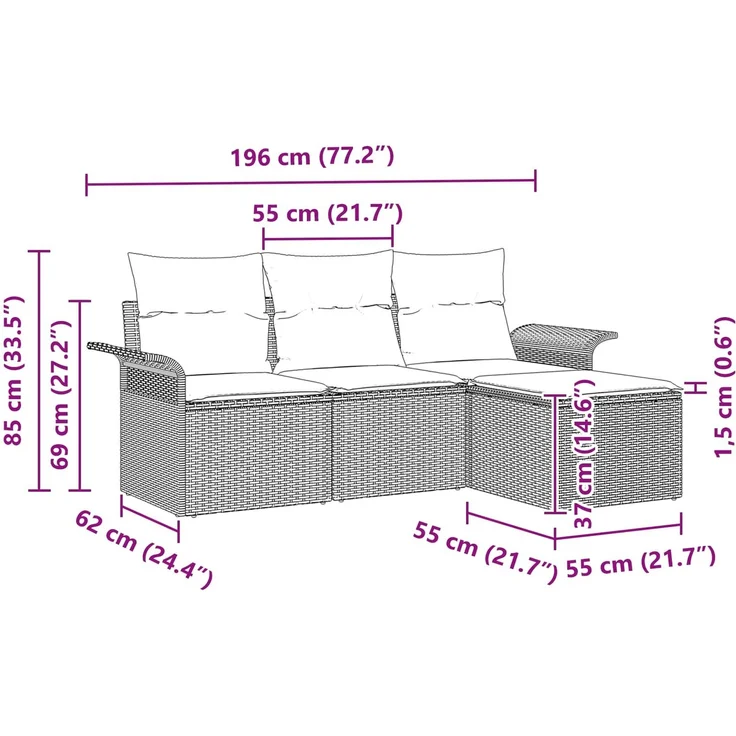 vidaXL Gartensofa-set mit Kissen 4 pcs Grau Poly-Rattan 3345315 – Bild 11