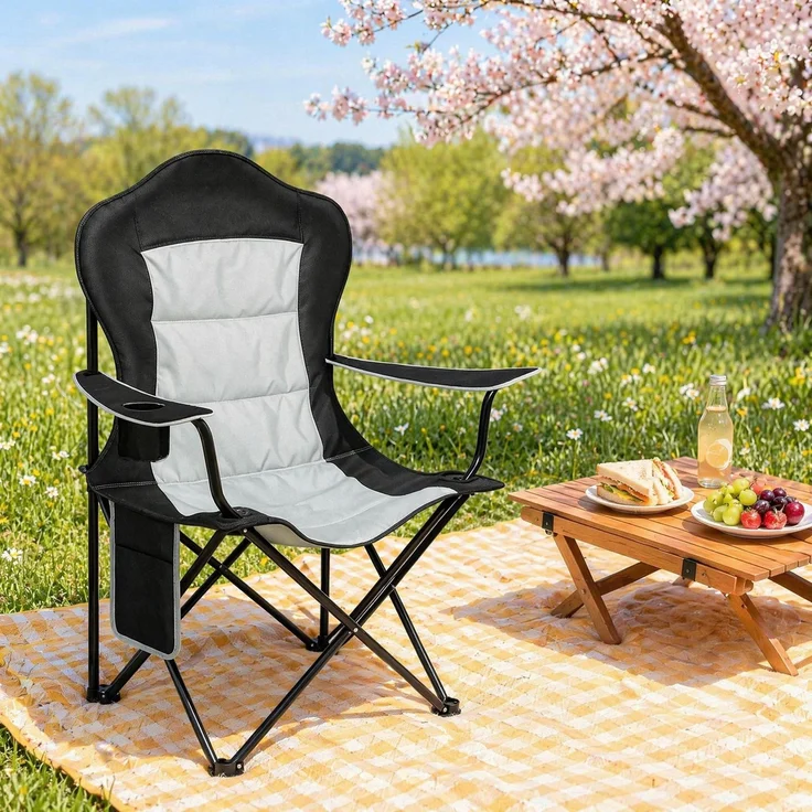 Klappstuhl 84x110x62 cm mit Tassenhalter und Seitentasche – Strandstuhl aus 600D Oxford und Eisenrohr – Bild 1