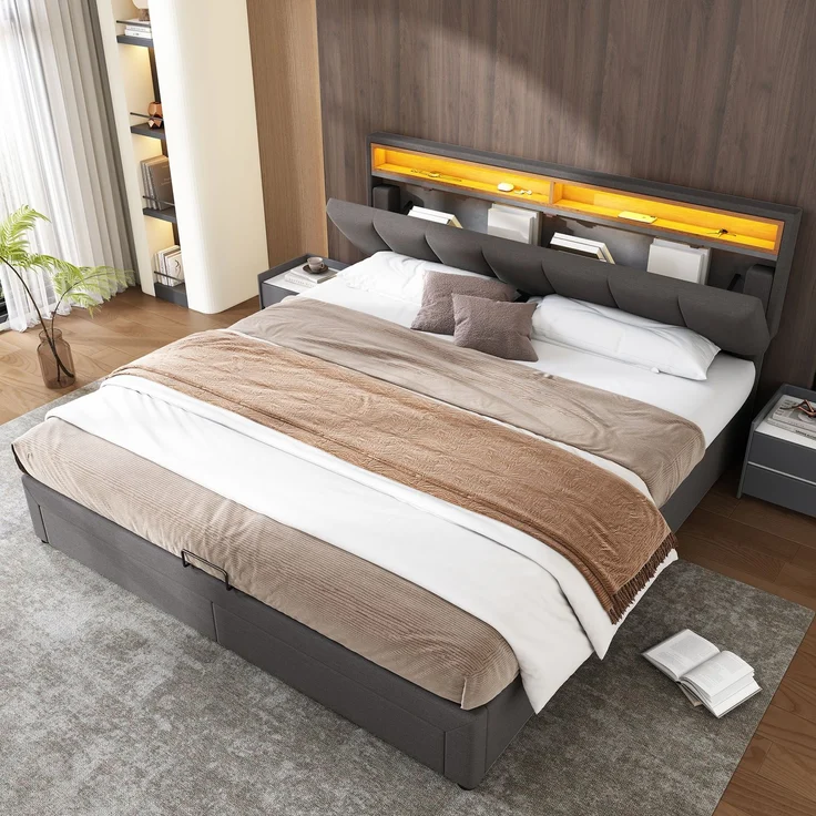 Polsterbett mit LED-Beleuchtung,Hydraulisch Stauraumbett mit Bettkasten,Schubladen und Staufächer,Verstaubares Kopfteil aus Schaum,Doppelbett aus Stahlrahmen,Leinen,160*200cm,grau – Bild 5