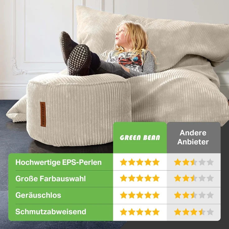 Green Bean® Sitzsack + Pouf im Set - XXL Riesensitzsack mit passendem Sitzhocker | Bean Bag mit EPS Füllung - Beige – Bild 5