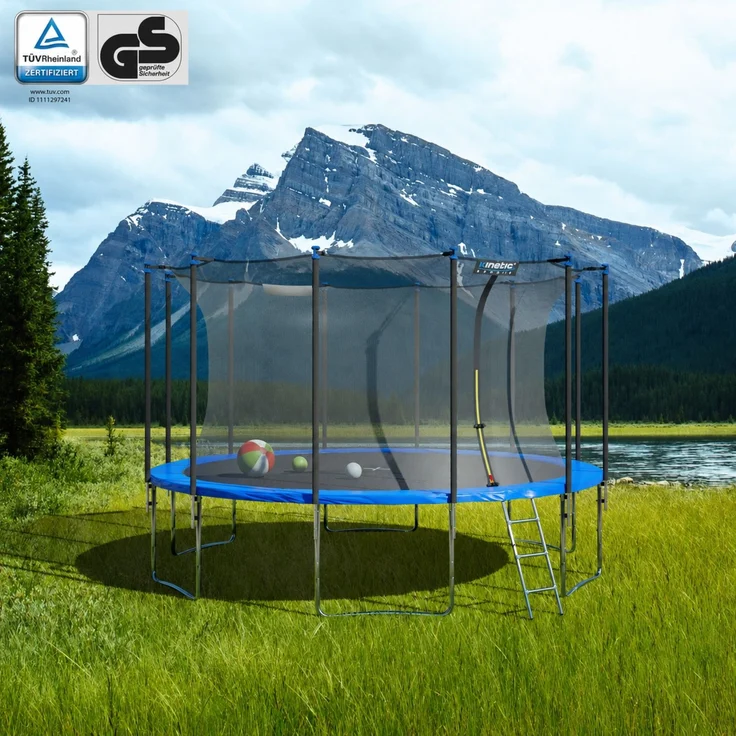 KINETIC SPORTS Trampolin Outdoor 'Salto Plus' - Komplett-Set für Kinder, USA Sprungtuch, Netz, Randpolster, Leiter, Blau-2, Ø 430 cm – Bild 2
