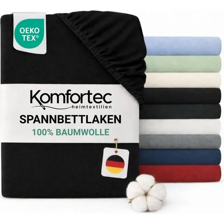 Komfortec Jersey Spannbettlaken 200x200 cm, 100% Baumwolle, Schwarz