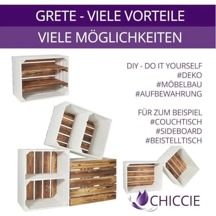CHICCIE 2 Set Holzkiste Grete Weiß Geflammt - 2x Kurzes Regal Obstkiste Dekokiste Weinkiste – Bild 6
