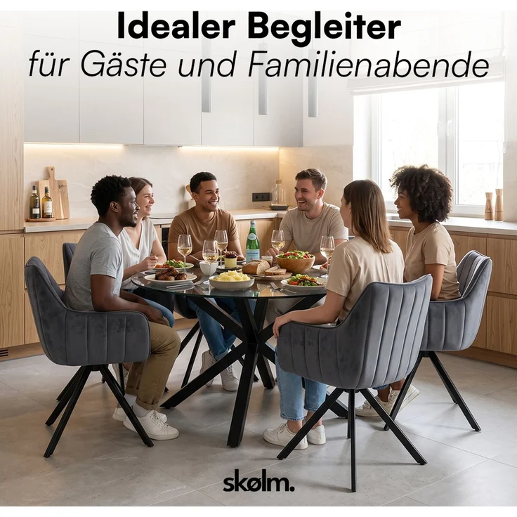 skølm 'Gymir' Esszimmerstühle, 6er Set, anthrazit, gepolsterter Leinenbezug mit Kanalsteppung, drehbar & höhenverstellbar, Polsterstühle mit Armlehnen, bis 150 kg belastbar – Bild 9