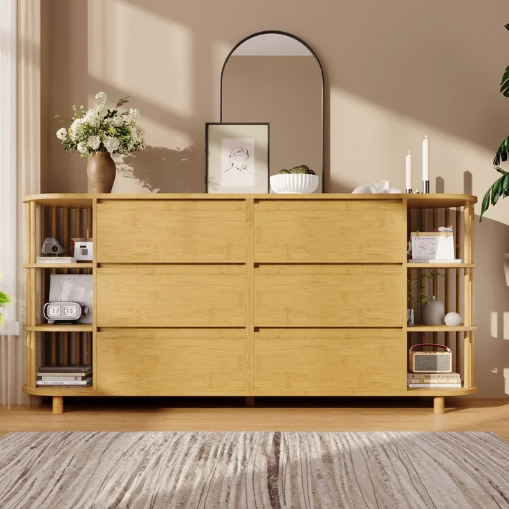 Merax 160cm Kommode Sideboard 160cm Eiche, Römisches Design mit Säulen & Bambus-Regalen, 6 Schubladen & offene Regale, Höhenverstellbare Füße, H75/B160/T40 cm – Bild 1