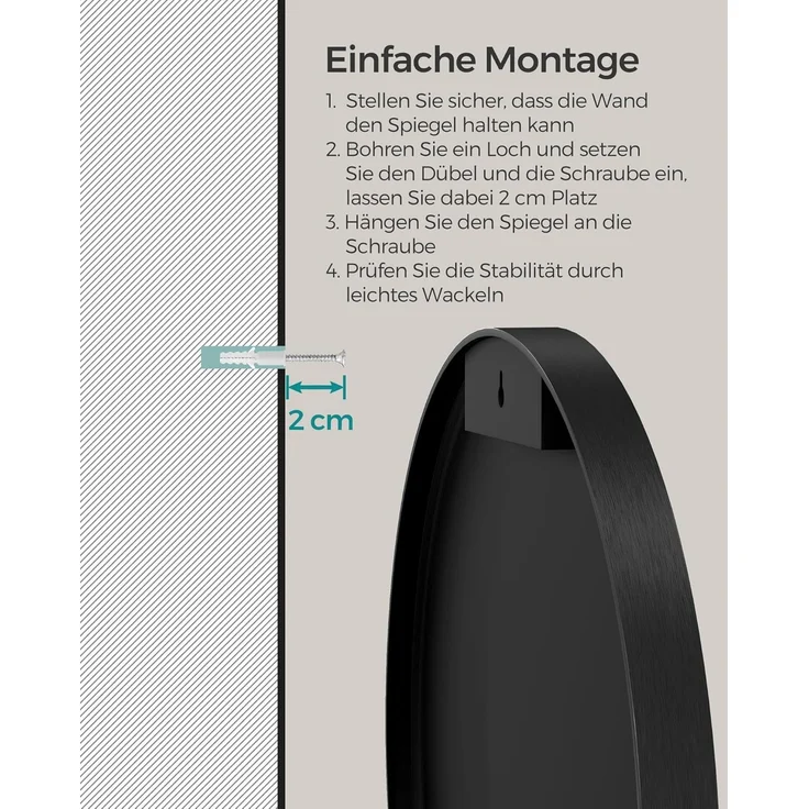 SONGMICS 61 cm d Spiegel rund, runder Spiegel, Wandspiegel, Metallrahmen, einfache Montage, modern, für Bad, Wohnzimmer, Schlafzimmer, Flur, Eingangsbereich, tintenschwarz LWM102BD03 – Bild 4