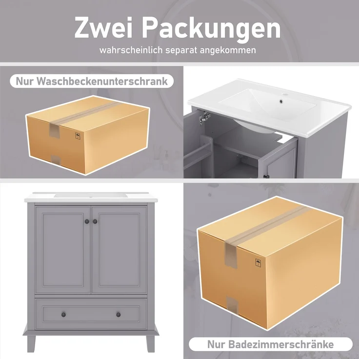 Badezimmerschrank 76 x 46 x 87 cm mit Keramikbecken, viel Stauraum & Massivholzbeinen – Moderner Waschtischschrank,Grau – Bild 9