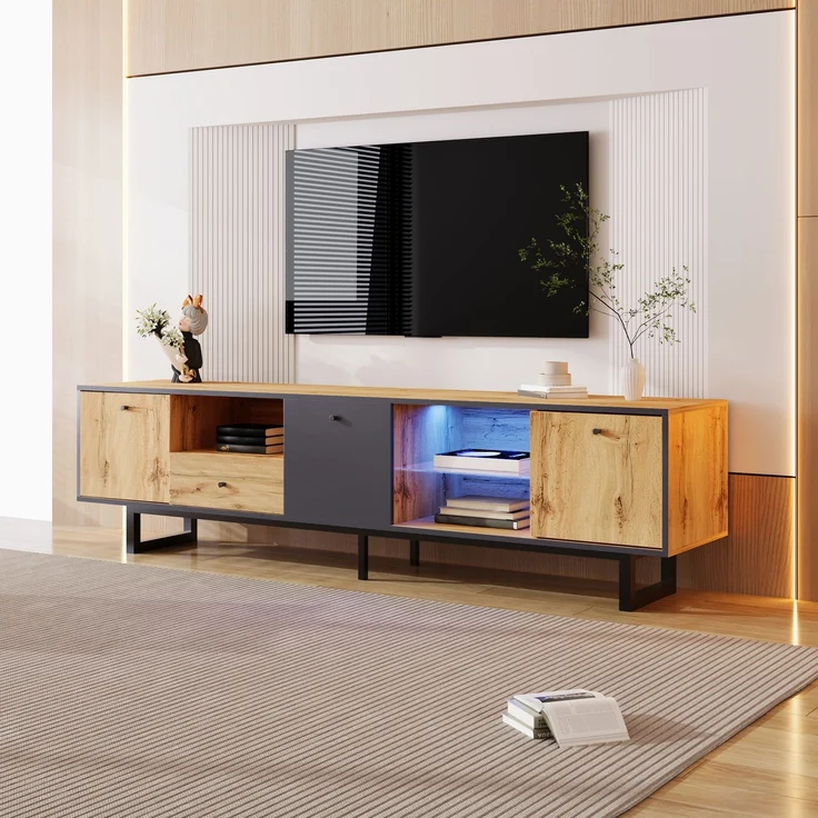 TV-Schrank Holz Grau Anthrazit 190 x 40 x 50 cm, LED-Beleuchtung & Glasböden,mit 3 Türen, 3 offenen Fächern – Bild 4