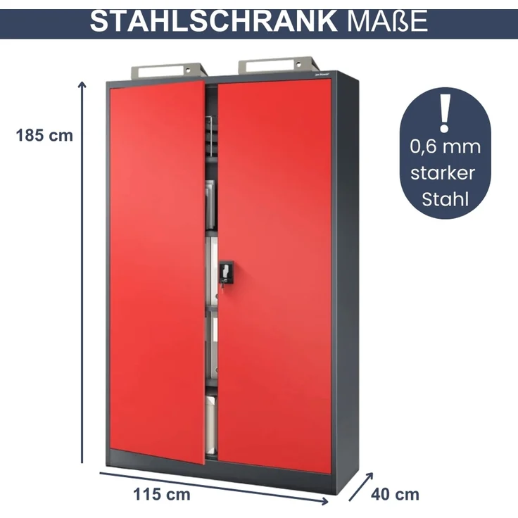 Aktenschrank abschließbar KADO - 5 Ebenen verstellbar, Flügeltüren | Metallschrank Werkstatt Mehrzweckschrank Büroschrank aus Stahl Werkzeugschrank, 185x115x40cm Anthrazit-Rot – Bild 2