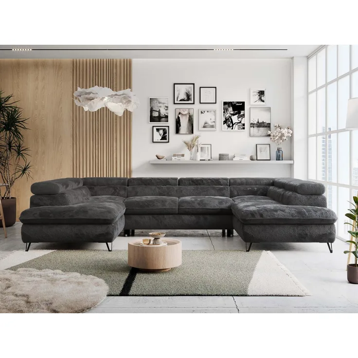 Ecksofa U-Form, mit Bettkasten, Bettfunktion und Einstellbare Kopfstützen, Sofa big XXL - PETER U - Dunkelgrau Plüsch