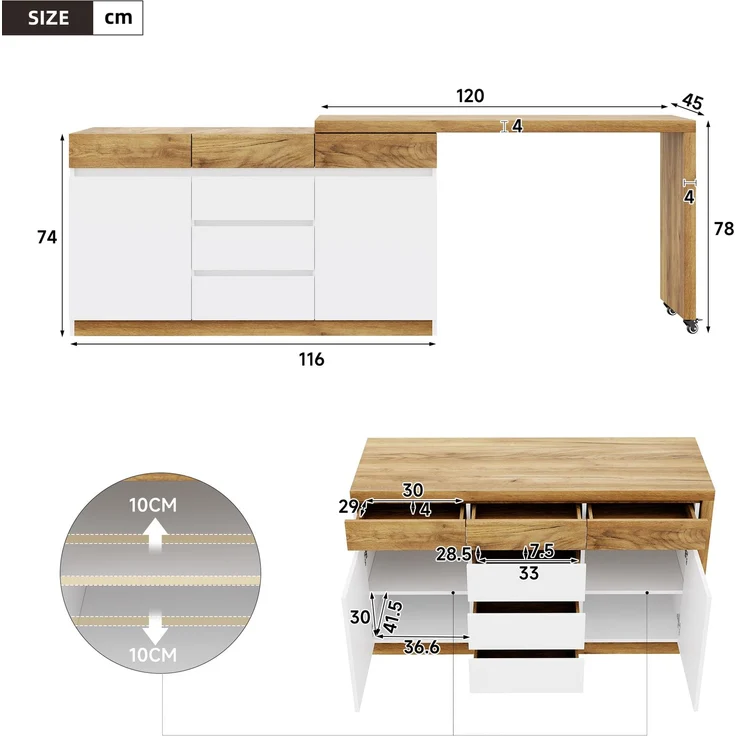 ZUBALIYA Schreibtisch mit feststellbaren Rollen – multifunktionales Design, 4 cm dickere, drehbare Tischplatte, fest arretierbar, weiß/Eiche, Faltbarer Schreibtisch, Eckschreibtisch, Sideboard,Dicke Materialie – Modell N880P5298689O – Bild 6