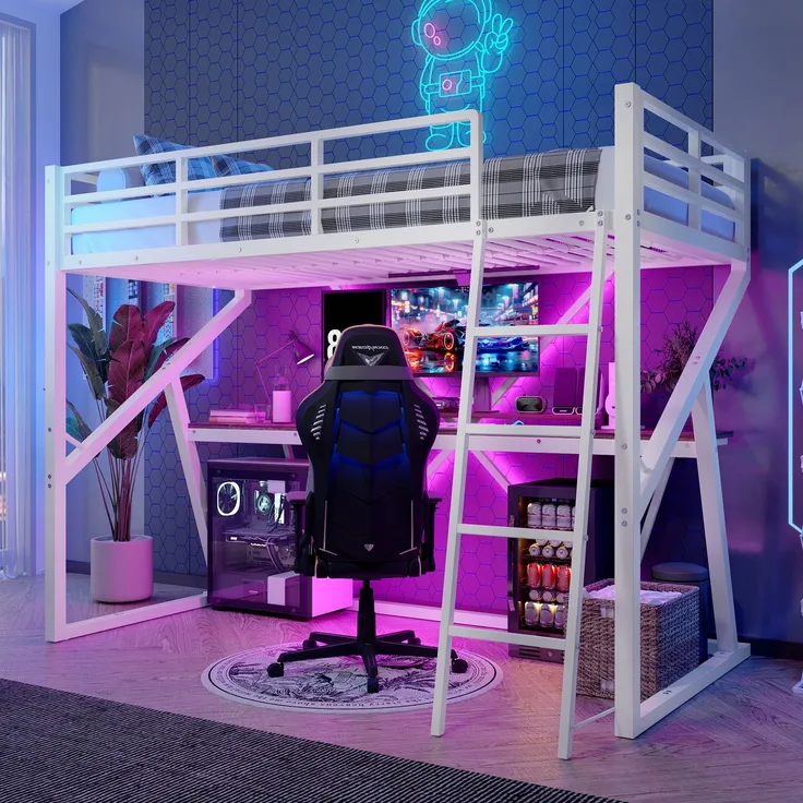 EINHOM Hochbett, 90 x 200 cm, Eisenrahmen, LED-Leiste, Geländer, Treppe, Schreibtisch, Weiß (Ohne Matratze)