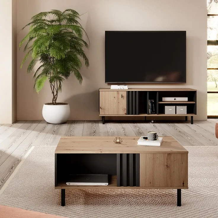Lomadox Wohnzimmer-Set MATTAWA-167, (Mega-Spar-Set, 2-St, Couchtisch Lowboard), Wohnwand, Eiche Dekor mit Couchtisch und Beleuchtung
