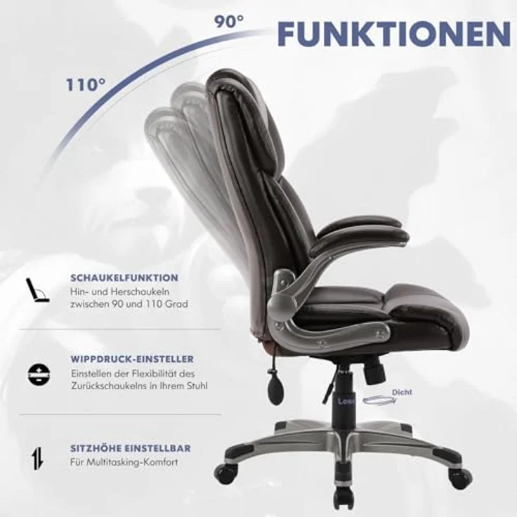 COLAMY Bürostuhl Ergonomisch, Chefsessel mit Hoher Rückenlehne, Schreibtischstuhl Lederstuhl mit Gepolsterten Klapparmlehnen, Verstellbarer Neigungsverschluss, Drehstuhl für Erwachsene, Braun – Bild 4