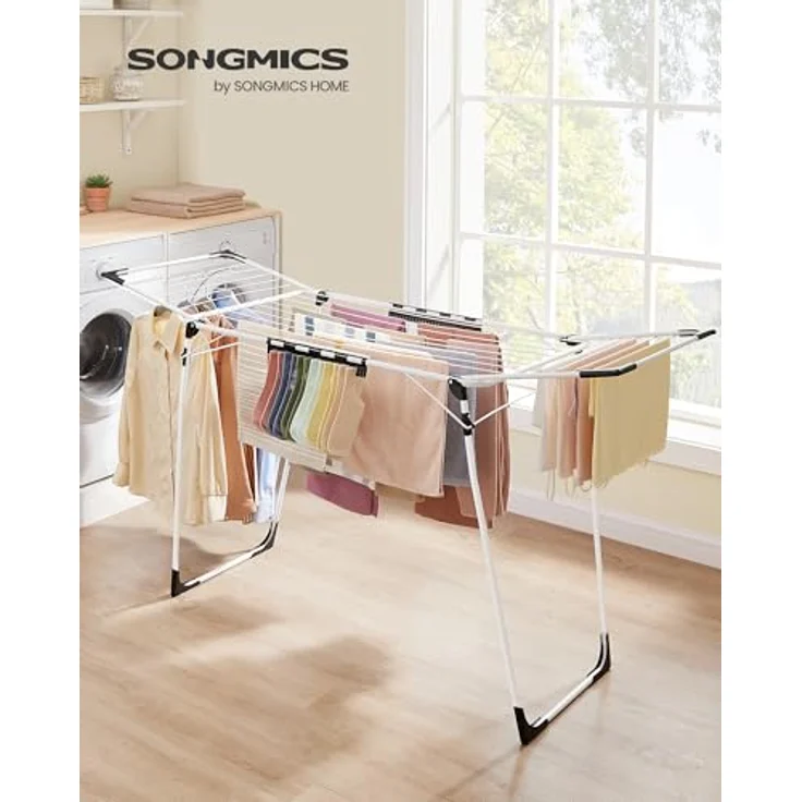 SONGMICS Wäscheständer, Standtrockner 56,5 x 173 x 96,5 cm, Flügelwäscheständer, Flügelwäschetrockner platzsparend, mit Sockenhalter, Metall, für Kleidung, Handtücher, Wäsche, weiß LLR518W01 – Bild 2