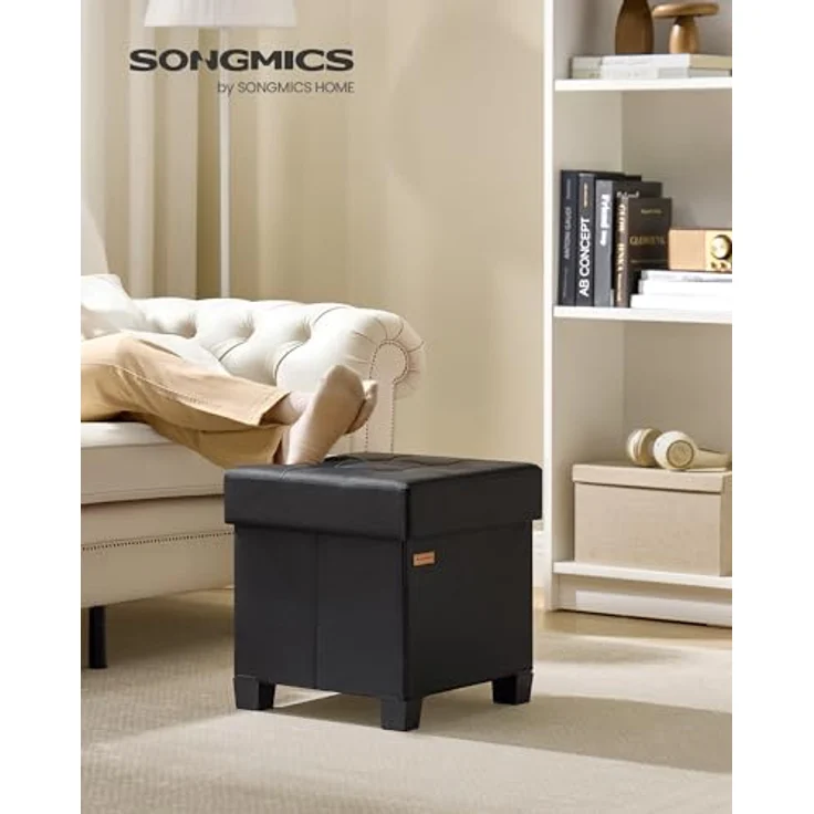 SONGMICS Sitzhocker mit Stauraum, kleine klappbare Sitzbank, 38 x 38 x 40 cm Fußbank, Aufbewahrungsbox, bis 300 kg belastbar, für Wohnzimmer Schlafzimmer Schlafsaal, Schwarz LSF0512B02 – Bild 3