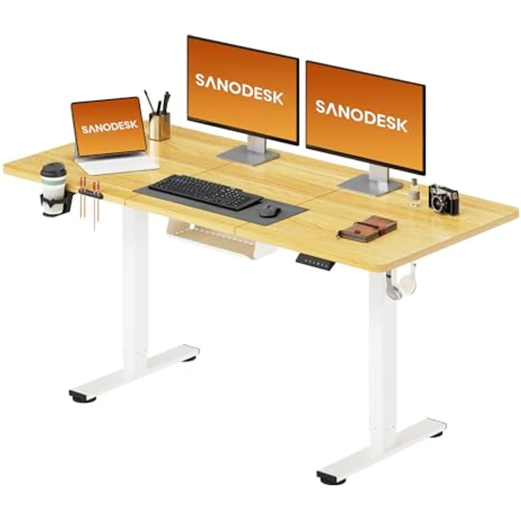 SANODESK Höhenverstellbarer Schreibtisch 140x60 cm Schreibtisch Höhenverstellbar Elektrisch Ergonomischer Steh-Sitz Tisch Computertisch für Heimbüro Homeoffice(ahorn) – Bild 2