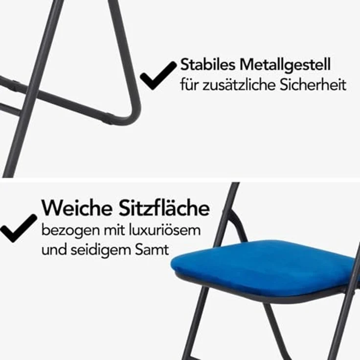 Brixy Klappstühle - 2er Set - Klappstühle - Samt - Esstisch Stühle - Klappstühle - 43 x 47 x 80 cm - Stühle - Blau – Bild 4