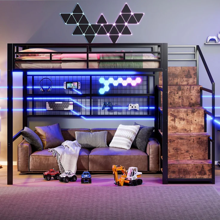 Hochbett mit RGB LED-Streifen, Rausfallschutz, 140x200cm, Treppe mit Regal und Kleiderschrank, Kinderbett, Metallbett – Bild 2