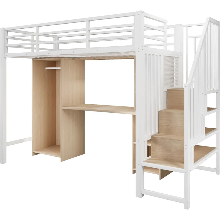 Metall-Hochbett 90×200cm mit integriertem Schreibtisch, Kleiderschrank & Stauraumtreppe, Stahl+E1-MDF, Weiß, ohne Lattenrost+Matratze, Gesamt L251,2 × T98 × H171 cm – Bild 6