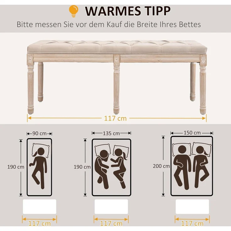 HOMCOM Polsterbank Schlafzimmerbank mit Knöpfen (Sitzbank, 1-St, Bettbank), Beige 117 x 40 x 48 cm – Bild 3