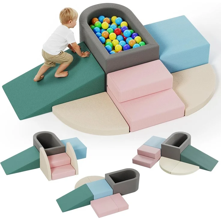 TLGREEN Kindersofa 7-teiliges Kletter und Spielset mit Rutsche, Bällebad, Weiche Schaumstoff-Bausteine für Kinder, rutschfester Basis, Sicherer Softplay-Baukasten für Krabbeln, Klettern, Motorikförderung – Bild 1