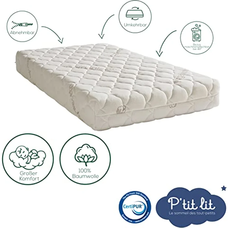 P'tit Lit - Babymatratze aus Bio-Baumwolle - 70x140 cm - 100% Baumwolle: Natürliches Material pflanzlichen Ursprungs - Ohne chemische Behandlung - Abnehmbar - OekoTex® – Bild 5