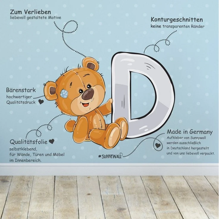 Sunnywall Wandtattoo Buchstaben ABC Bärchen Aufkleber für Wand & Tür (Buchstaben einzeln oder kombinierbar), selbstklebend, konturgeschnitten – Bild 3