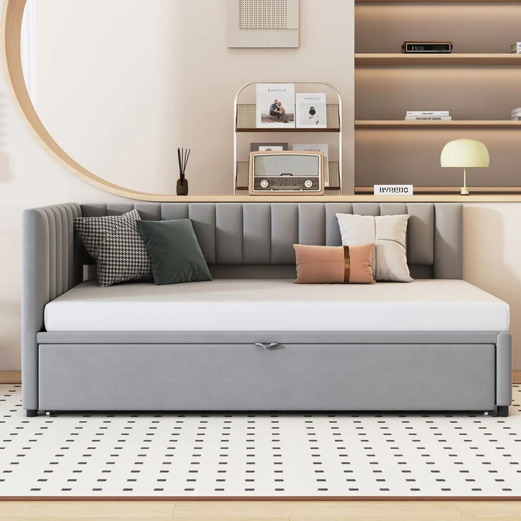 Merax Multifunktionales L-förmiges Schlafsofa mit Ausziehbett 90/180*200cm, Polsterbett in Samtstoff, platzsparendes Design für Kinderbett, Gästebett, hellgrau – Bild 3