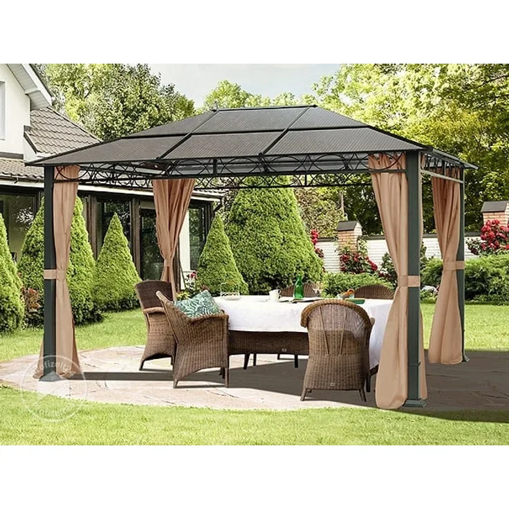 Gartenpavillon 3x4 m wasserdicht ALU DELUXE Pavillon mit 4 Seitenteilen Partyzelt in taupe lichtdurchlässiges PC Dach