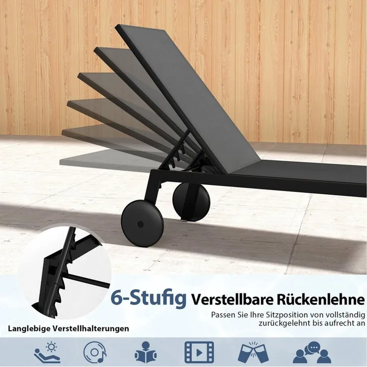 COSTWAY Gartenliege, 1 St, Liegestuhl mit Rollen, 6-stufig verstellbar