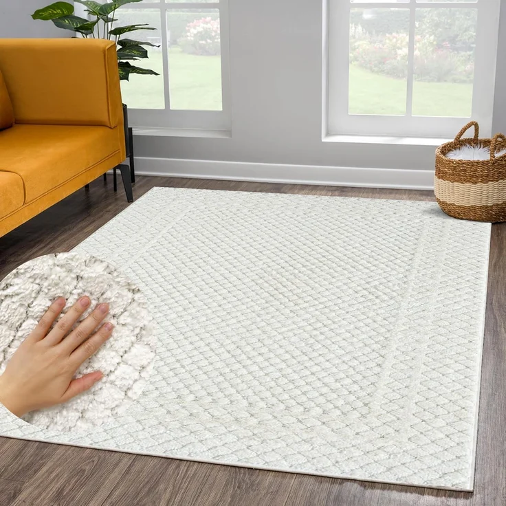 Teppich Wohnzimmer Hochflor - 140x200cm - Einfarbig - Pastell Creme - Boho - Modern Raute Muster- Skandinavisch Flauschig Weich - Schlafzimmer