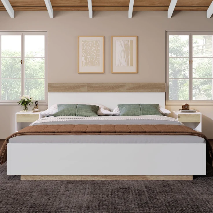 Schwebebett 140x200 cm, Doppelbett in Eiche & Weiß mit Wildeiche Kopfteil,komfortable Liegehöhe – Bild 5