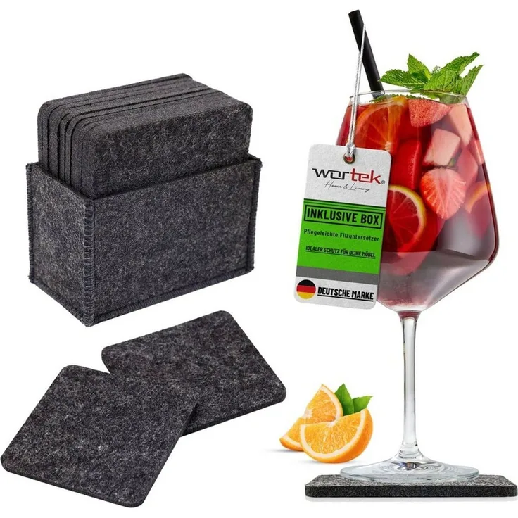 wortek Getränkeuntersetzer Filz-Untersetzer Eckig für Gläser 10er Set + Box, Zubehör für Tisch & Gläser, Set, 10-tlg, waschbare Getränke Glasuntersetzer Gläser, Tischuntersetzer Filz 10 cm