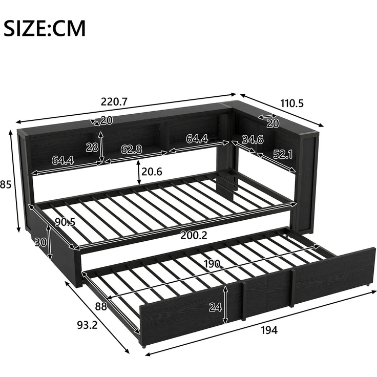 EINHOM Metall-Tagesbett, 90 x 200 cm, mit Ausziehbett, Stauschränken, LED-Beleuchtung und USB-Anschlüssen, Schwarz (Ohne Matratze) – Bild 2