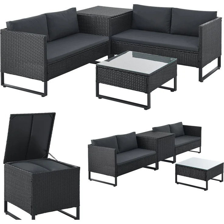 Juskys Outdoor Polyrattan Lounge Santorini - Gartenlounge mit Beistelltisch & Auflagenbox - Gartenmöbel Set Rattan Sitzecke wetterfest - Schwarz – Bild 1