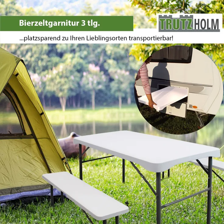 TRUTZHOLM Bierzeltgarnitur, 3-teilig, klappbar, Kunststoff weiß / Stahl schwarz, 107 x 59,5 x 71 cm
