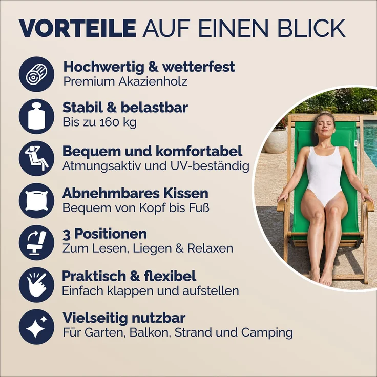 Sonnenliege Gartenstuhl Akazienholz 4 verschiedene Farben – Bild 8