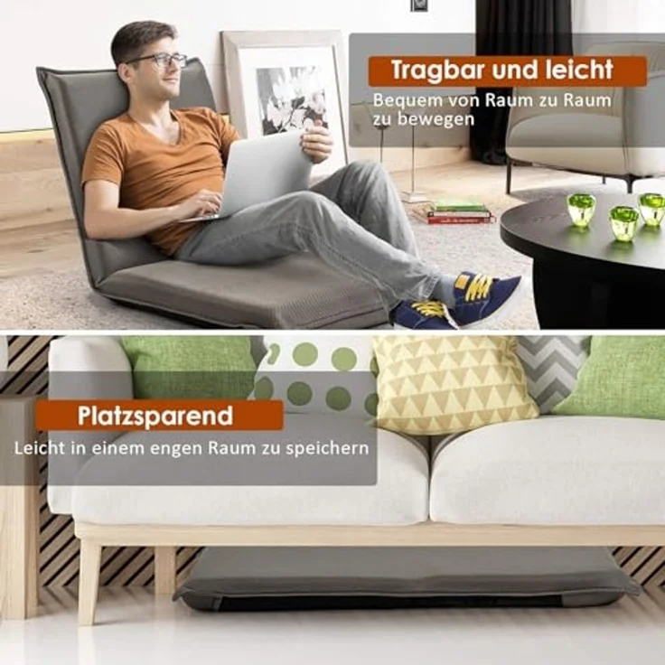 FANTASK Bodenstuhl, Bodensofa, Game Sessel gepolstert, Fensterstuhl, Meditationsstuhl, Lazy Sofa mit 6- stufig Verstellbarer Rückenlehne (Grau) – Bild 4