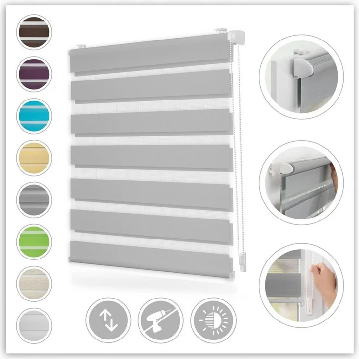 Lichtblick Doppelrollo  Kopenhagen Klemmfix ohne Bohren, Streifen, Blickdicht, Klemmträger-Montage, Sichtschutz, Wandmongtage, Deckenmontage, für Fenster und Türen Grau, 150,0 cm, 110,0 cm – Bild 1