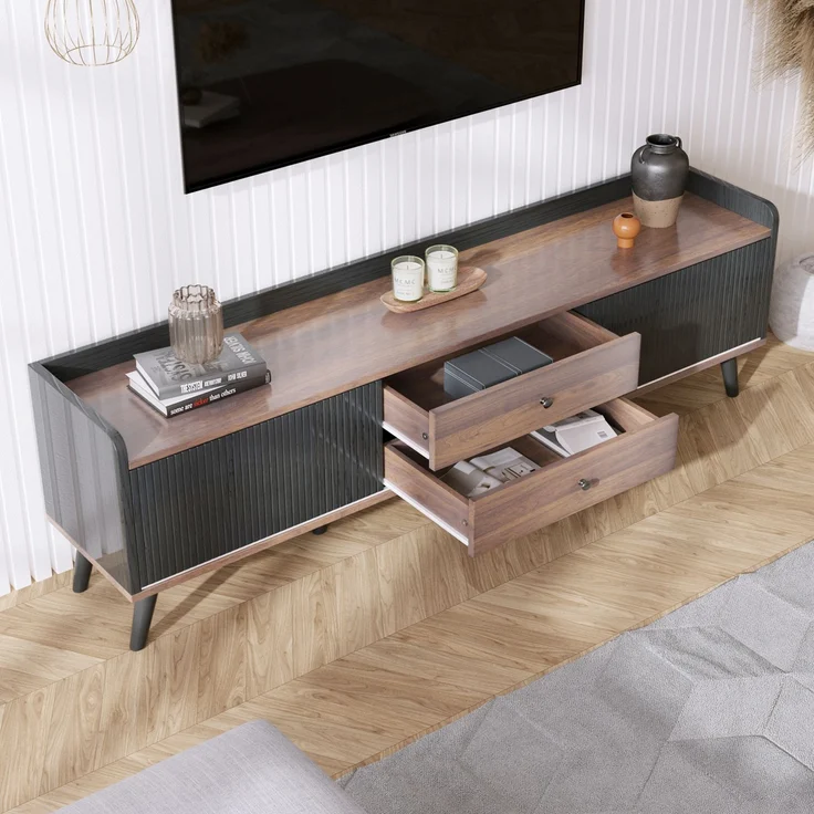 TV-Ständer 160 cm Schwarz & Holz, Sideboard mit gestreiften Schiebetüren, zwei Schubladen, Massivholzbeine – Bild 4