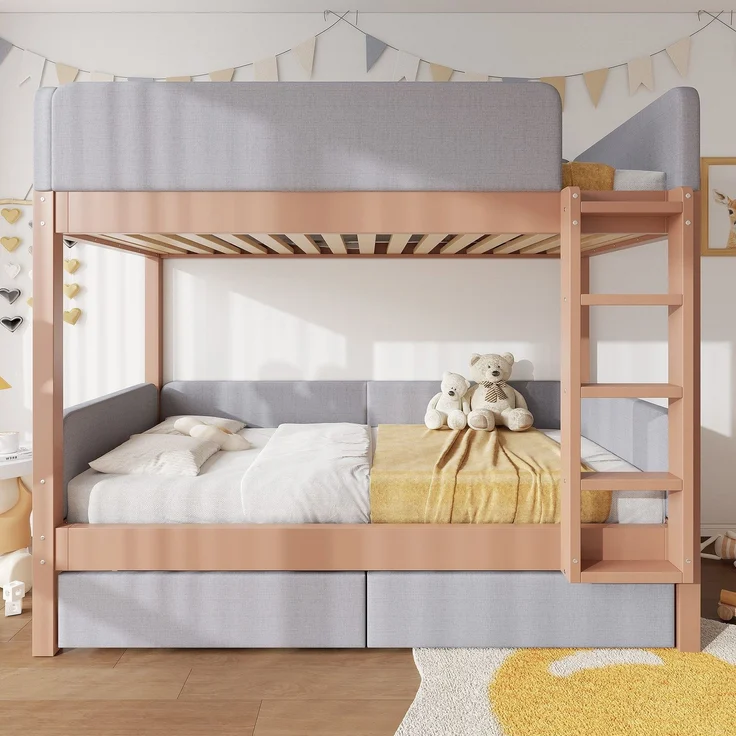 Etagenbett mit gepolstertem Rausfallschutz und Schubladen, 90x200cm, Kinderbett mit Trittleiter und Lattenrost, Massivholz – Bild 1