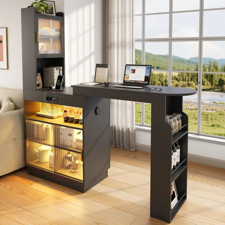 ZUBALIYA Küchenschrank mit Glastüren / Barschrank & Sideboard, mit ausziehbarer Bartisch & Stehtisch mit Stauraum und steckdose, Schwarz, 131–170 x 40 x 170 cm, fürs Büro, mit LED, Samt – Bild 4